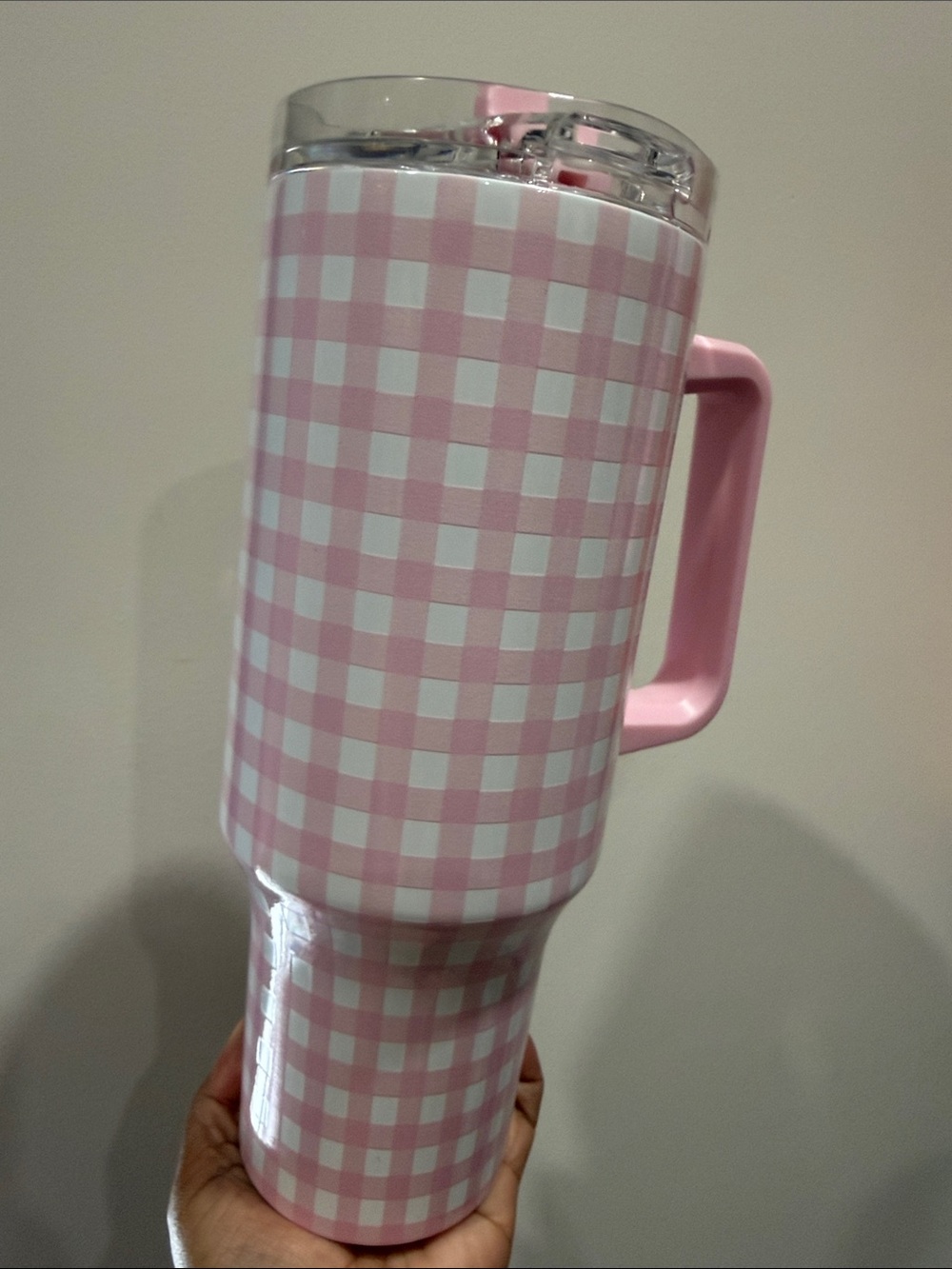 Pink Gingham Brand New Insulated Travel Mug Handle 42 oz gift fall cottagecore